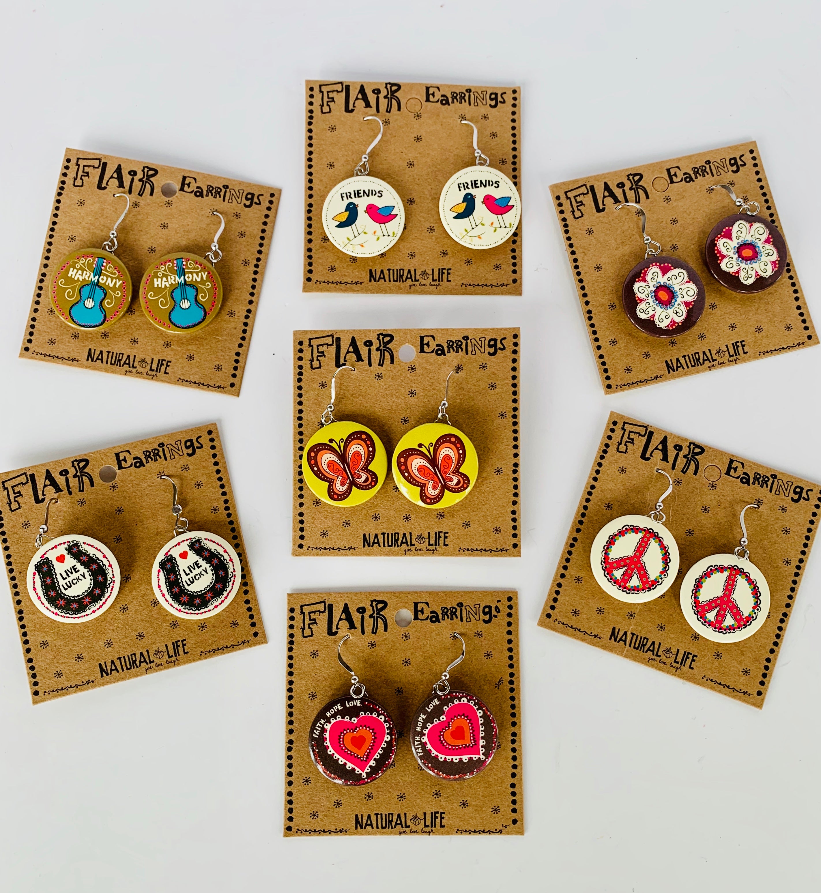 Natural Life Flair Earrings - Friends,Peace,Heart,Flower,Horseshoe,Guitar