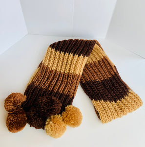 Brown Color Block Scarf with Pom Poms